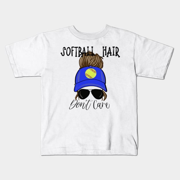 Softball Hair Don’t Care Girl Messy Bun in Cap Kids T-Shirt by Sheila’s Studio